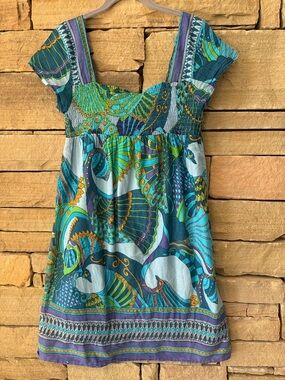 Funky People Boho Paisley Print Smocked Sundress Women’s Medium Teal Purple Y2K
